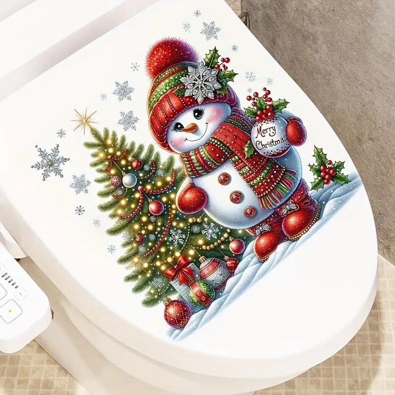 Christmas Snowman and Christmas Tree Toilet Cover Sticker Decals,Fish Bird Flower Leaf Waterproof Toilet Lid Tank Seat Decals Cistern Self-Adhesive