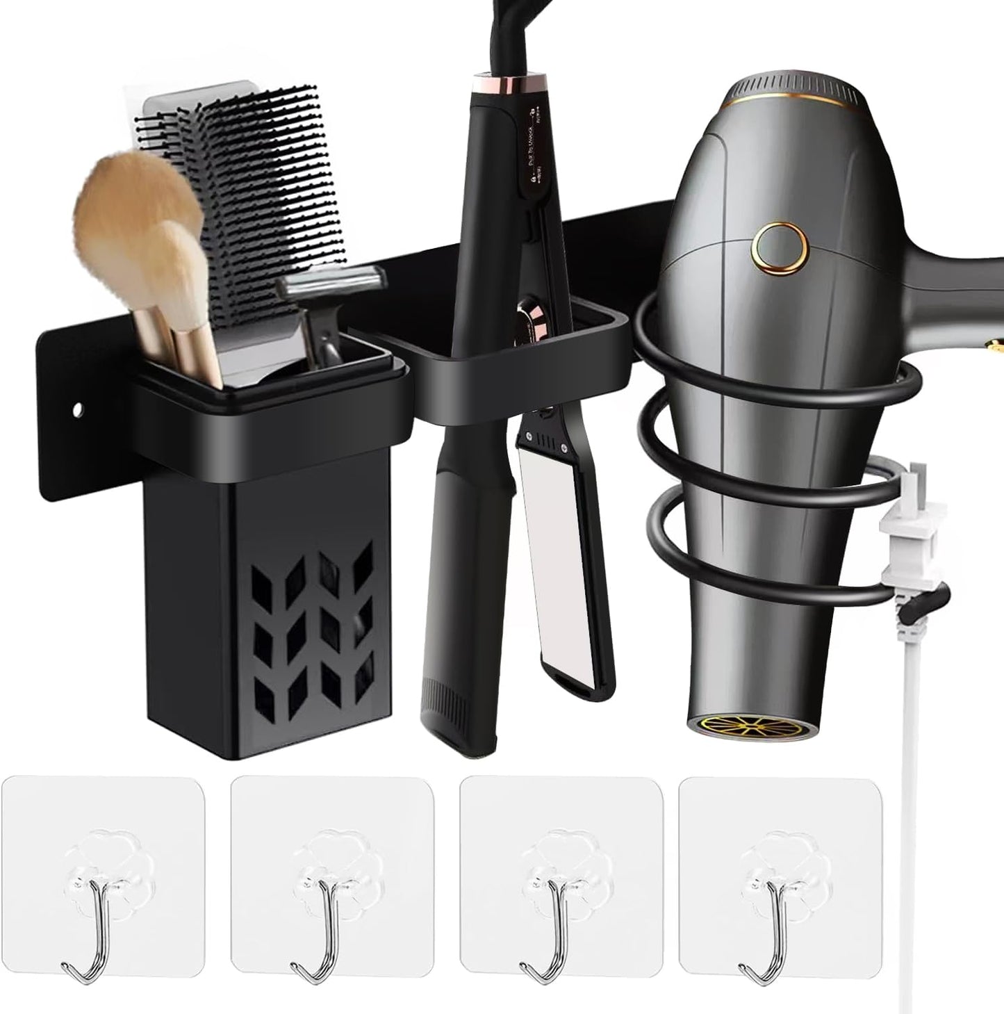 CHAMSUREUK Straightener & Hair Dryer Holder Wall Mounted, Bathroom Hair Styling Care Tool Organizer, Multi-Functional Space Saving Storage Bracket