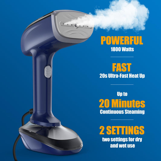 Powerful Handheld Fabric Steamer - 1800W with Fast Ceramic Heat-Up Plate, 2-in-1 Ironing & Wrinkle Remover, Steam Nozzle, Lint Brush - Blue, 220V