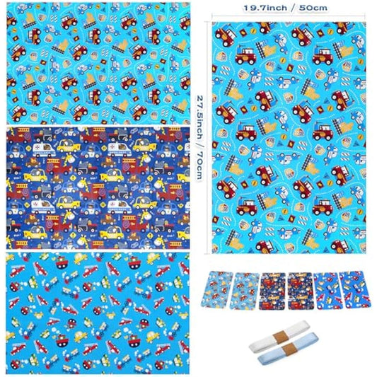 Kids Boys Birthday Gift Wrap Set - Police Car Fire Trucks Crane Ambulance Giraffe Elephant Gift Wrapping Paper Sheets, Tag Ribbion