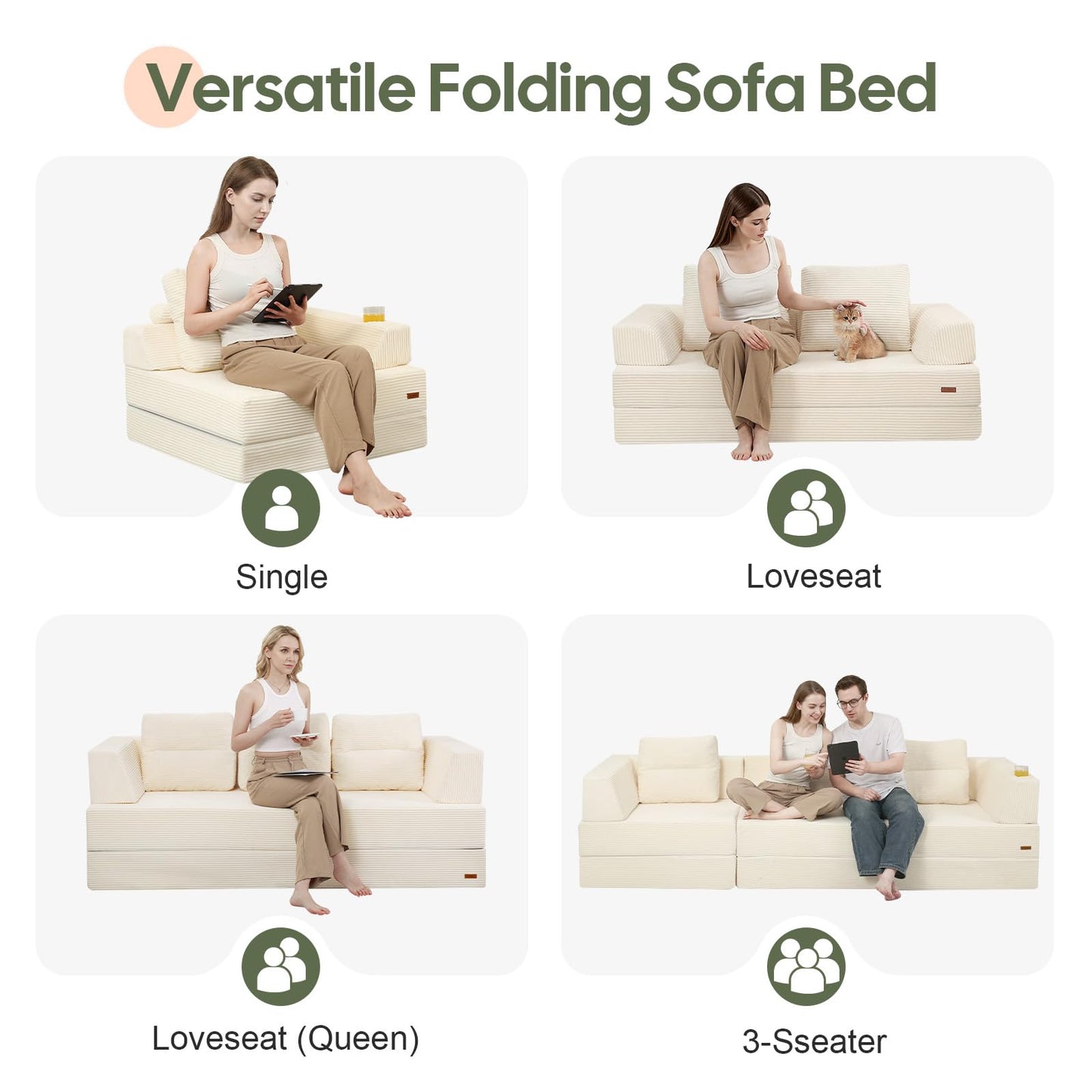 MeMoreCool Folding Sofa Bed Single, Convertible Boneless Couch with Pillow