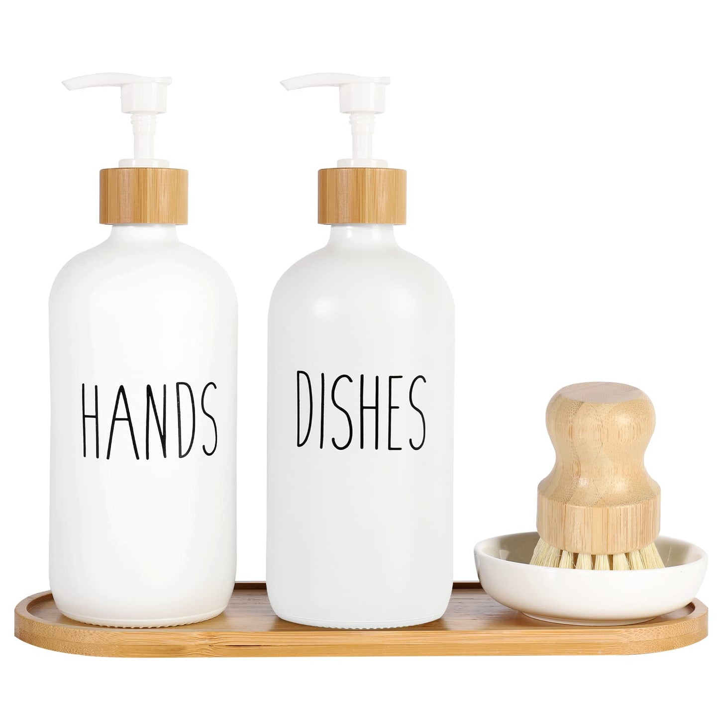 SHANNA Rustic White Glass & Bamboo Hand & Dish Soap Dispenser Set with Tray & Bamboo Dish Brush (2 Pack, 16oz)