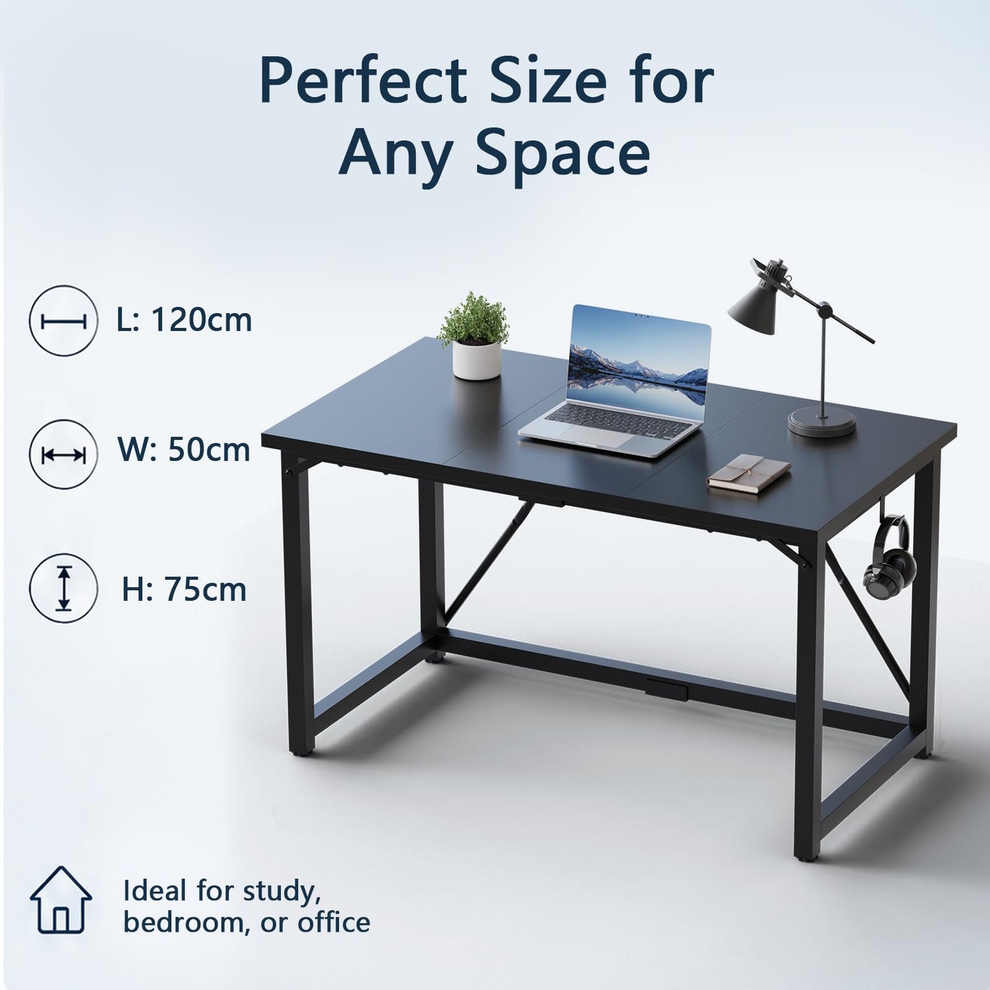 JUMMICO 120×50cm Computer Desk, Compact Home Office Writing Desk, Study Laptop Workstation for Limited Space, Quick Assembly, Metal Frame, Black