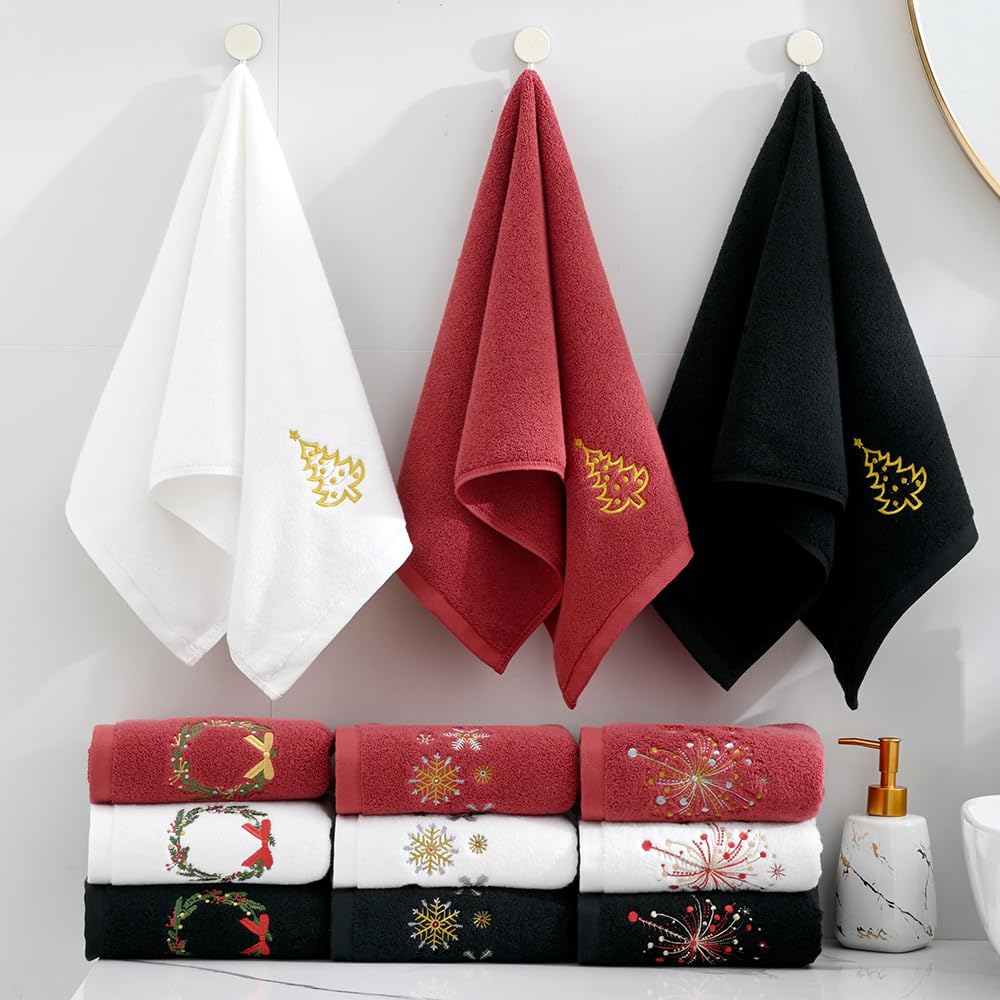 sense gnosis Celebratory Red Hand Towel Set of 2 Soft 100% Cotton Thick Absorbent Fireworks Embroidered Design Luxury Hand Towels for Bathroom Hotel