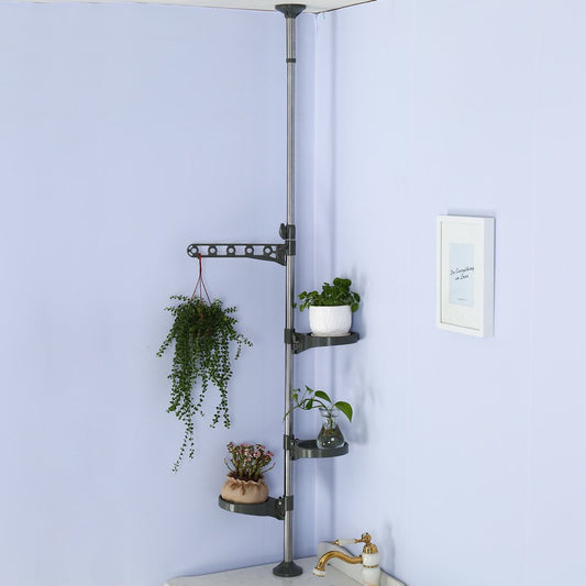 BAOYOUNI Indoor Plant Pole Stand Tension Rod Adjustable Flower Display Rack Spring Loaded Floral Hanger Storage Shelf with 3 Trays & 1 Arm for