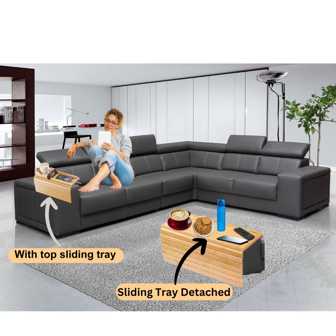 Naturebuz 2-in-1 Wooden Sofa Tray Table with Detachable Tray Bamboo Armrest Table Non-Slip fCups, Remotes, Bottles, Food, Drinks and Phones