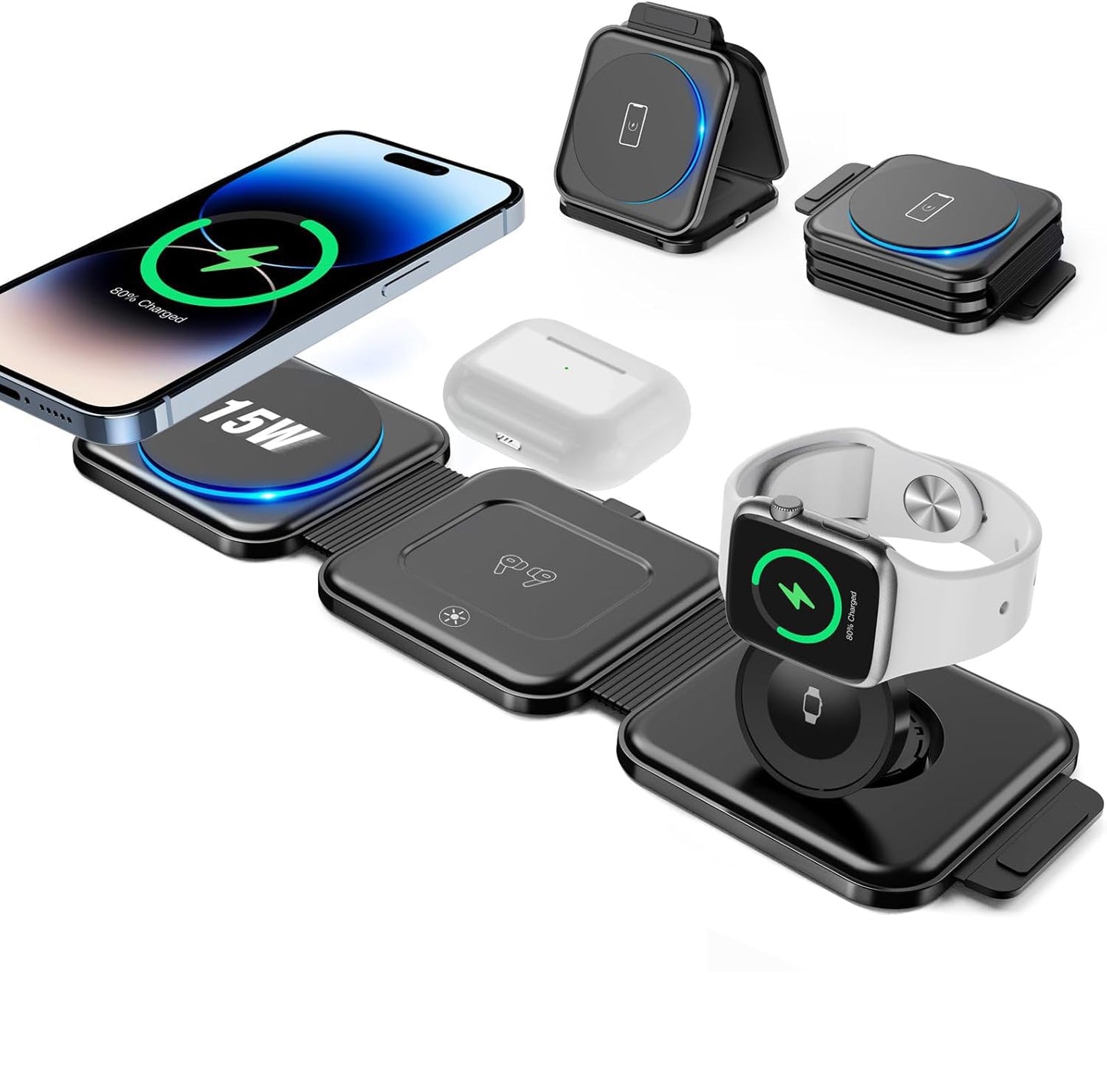 3in1 Foldable travel mag-safe charger, OneCut wireless charging station for iPhone 17/16/15/14/13/12 Series, Apple Watch Charger for iWatch 10/9/Ultra