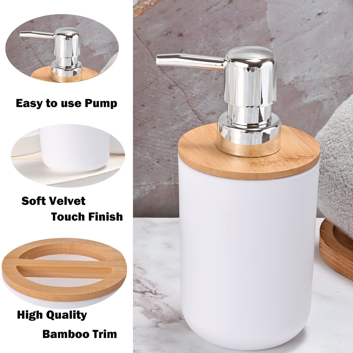 Yorkmills Bamboo Bathroom Accessories, 6 Pieces White Bathroom Accessory set, Bathroom Bin Toilet Brush Set, Durable Toothbrush Holder Cup