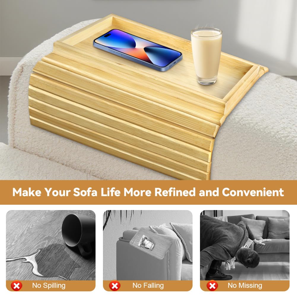 AOOHA Square Couch Protector Tray,Foldable Wooden Armrest Tray with Non-Slip Backing,Natural Bamboo Sofa Arm Table,Bamboo Sofa Rest Table for