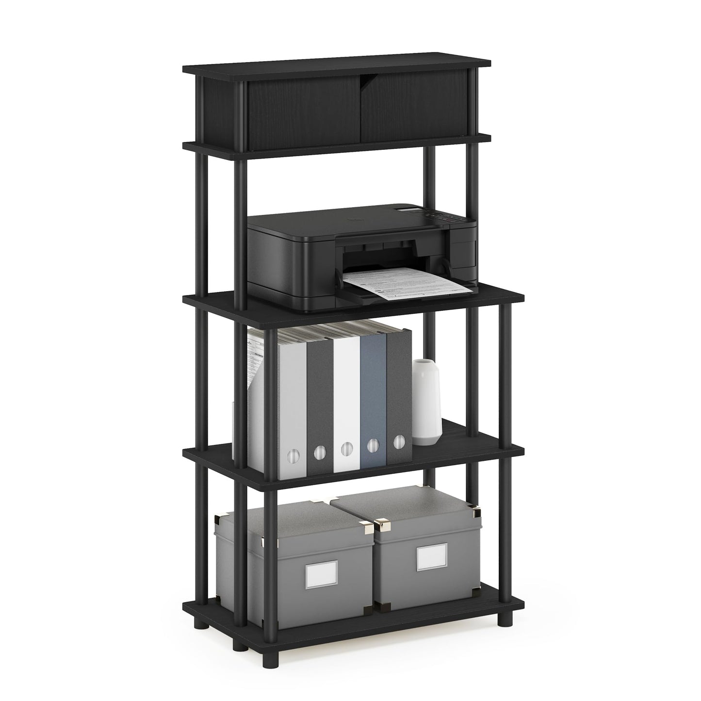 Furinno TURN-N-TUBE Printer Stand with Storage, 5-Tier Large Printer Stand, Standing Printer Table with Top Cabinet, for CPU, Office Supplies
