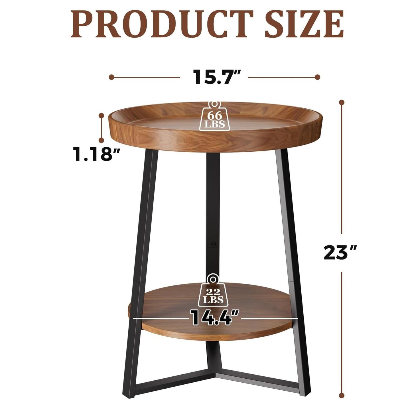 HOME BI Round End Table with Storage Shelf, 2 Tier Farmhouse Circle Side Table Nightstand for Living Room, Bedroom,Cherry Wood Grain