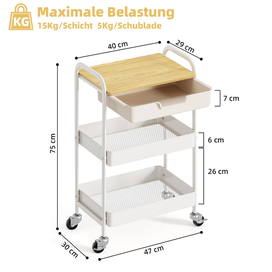KINGRACK Rolling cart, 3-Tier Utility Storage Trolley with Wooden Board and Drawer (Natural)