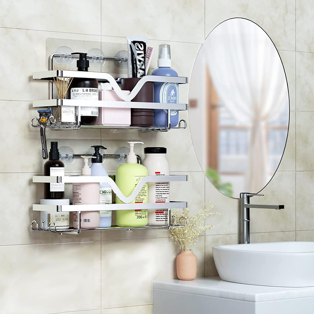 ASelected 2 Pack - Shower Caddy, Bathroom Shelf Organiser No Drilling, Adhesive Shower Storage Rack for Bathroom/Kitchen with Razor Holder, Durable