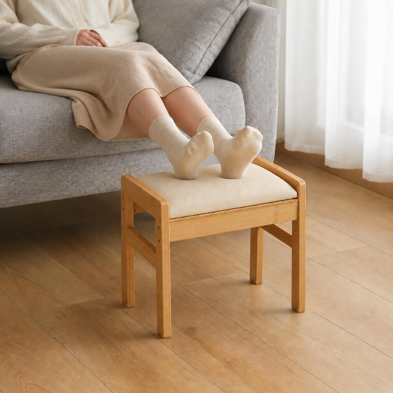 BAMBOOHOMIE Foot Stool Ottoman, Modern Vanity Stool Chair for Makeup with Removable Cushion & Side Handles