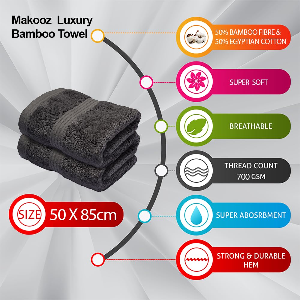 Makooz Luxurious Bamboo Hand Towels for Bathroom Pack of 2-700 GSM Bamboo & Egyptian Cotton 50/50 Blend - Ultra Silky Soft, Quick Dry, Absorbent