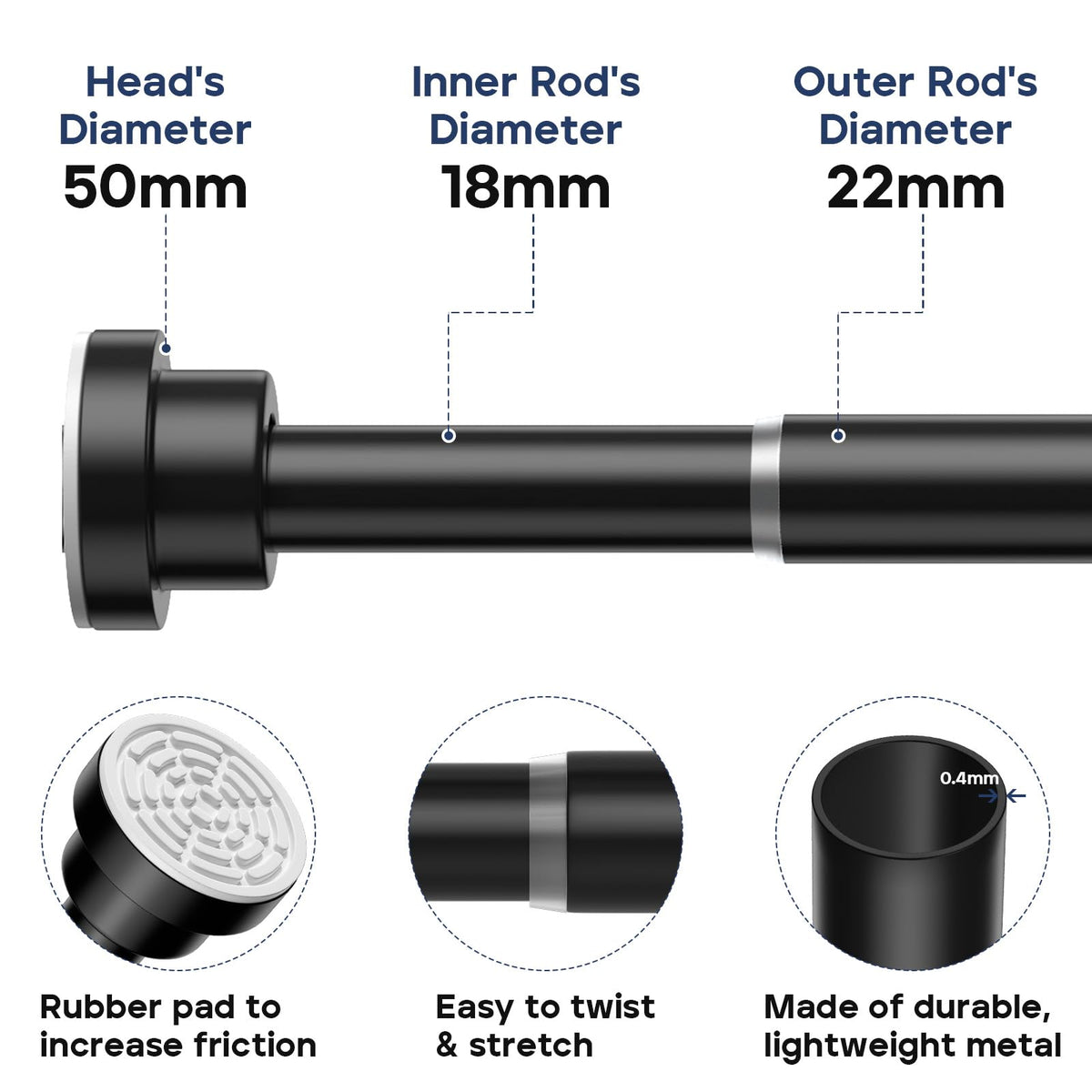 AIZESIShower Pole,Tension Rods 79 To 126 Cm, Spring Tension Curtain Rod, Tension Rods For Curtains