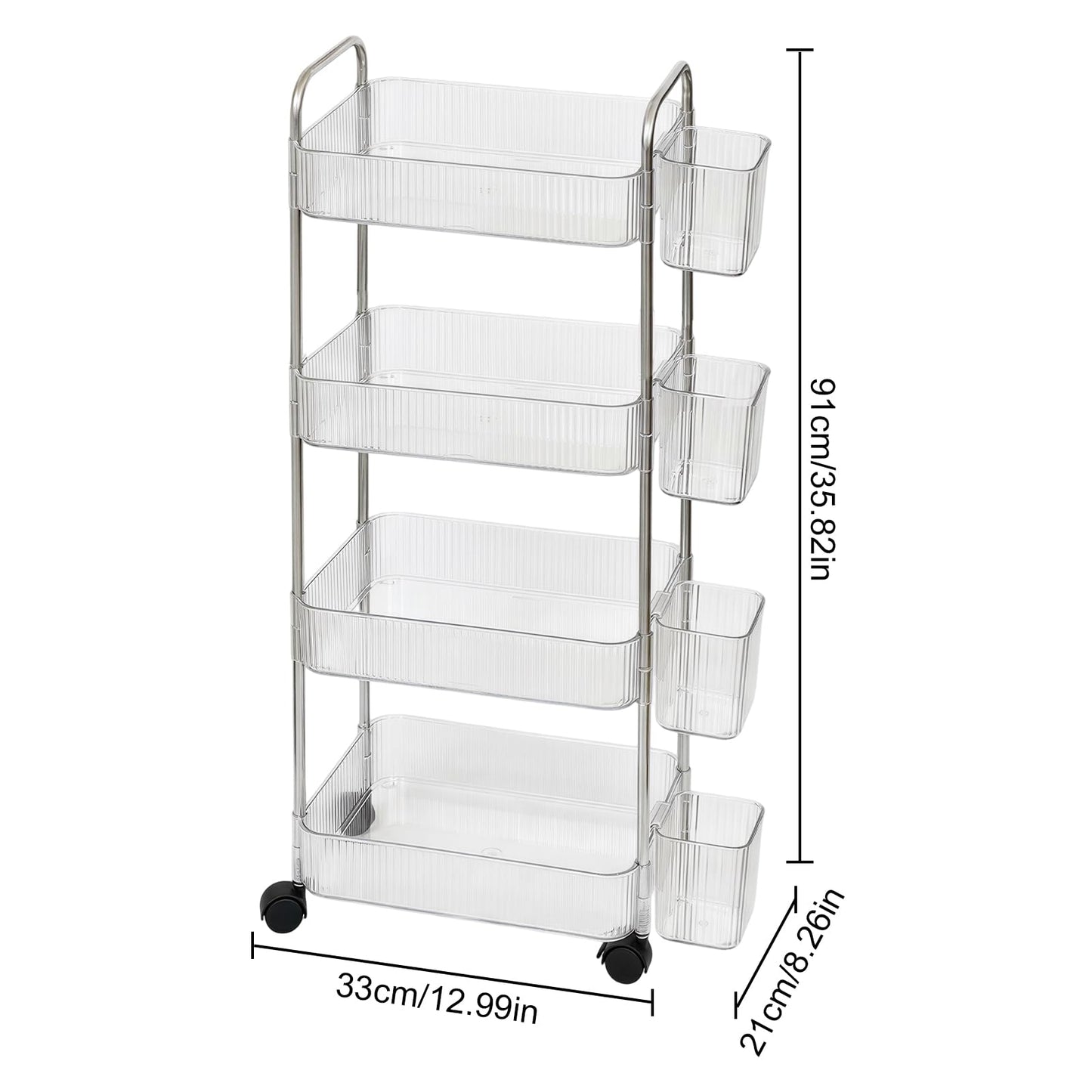 Nidoul 4-Tier Acrylic Rolling Storage Cart,Storage Trolley Lockable Wheels with 4Pcs Extra Hanging Cups Handles for Bathroom,Kitchen Storage and