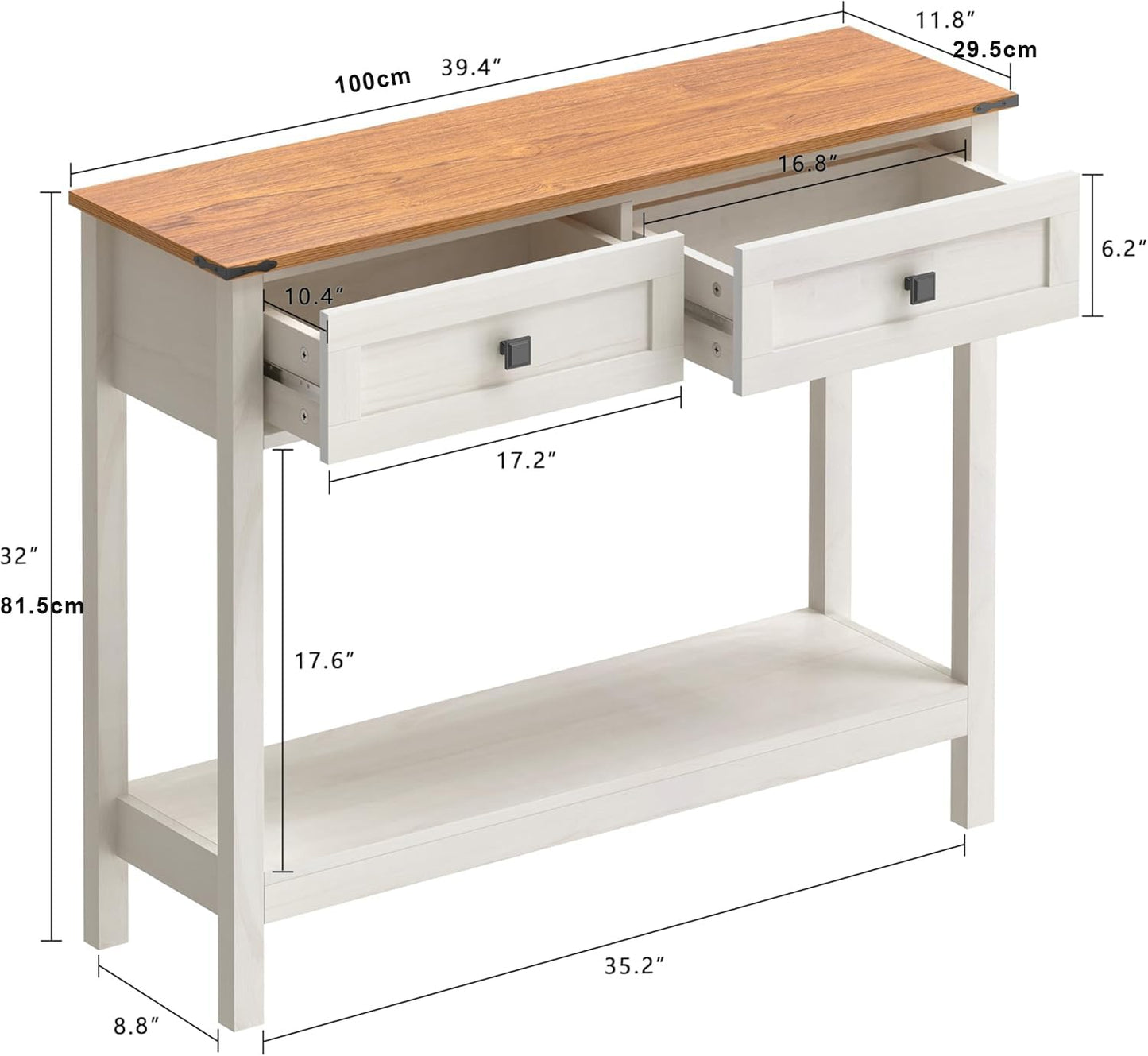 Trironsun Farmhouse Console Table with 2 Drawers for Entryway Rustic Hallway Table with Wooden Frame and Open Storage Shelf Sofa Table for Bedroom or
