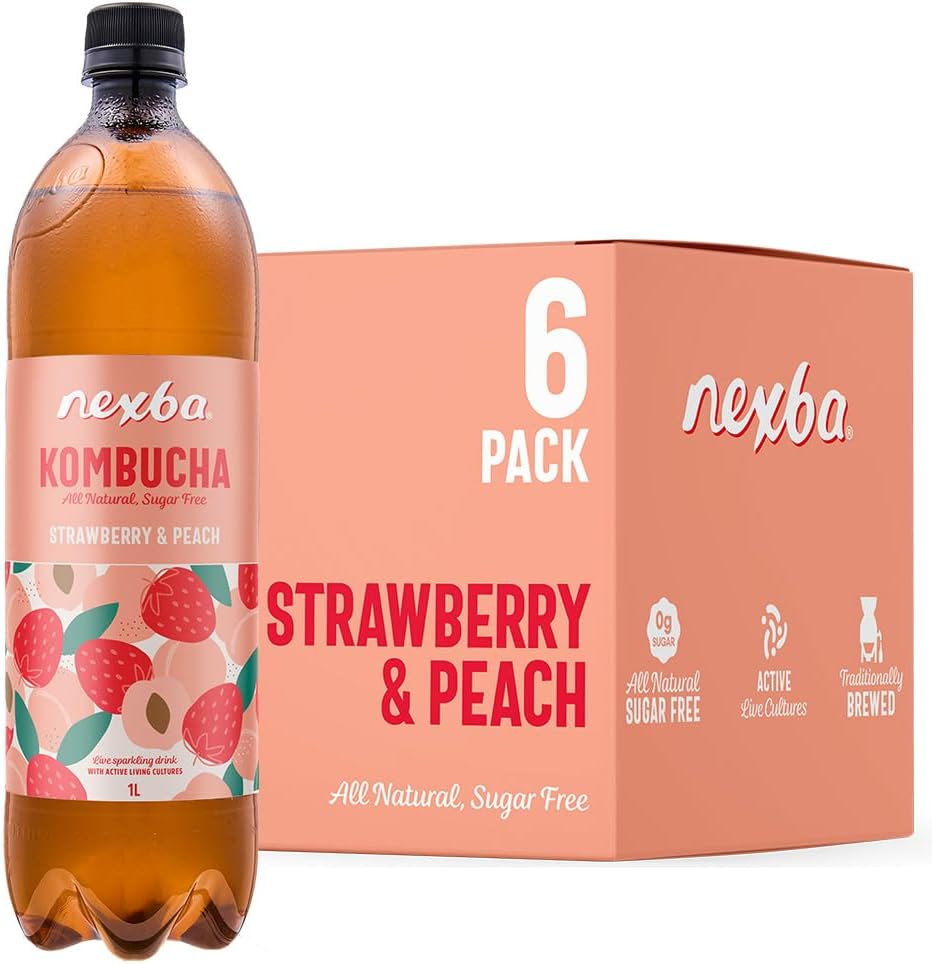 Strawberry & Peach Kombucha 1 L (Pack of 6) – All Natural, Sugar Free & Healthy Fruit‑Powered Probiotic Beverage