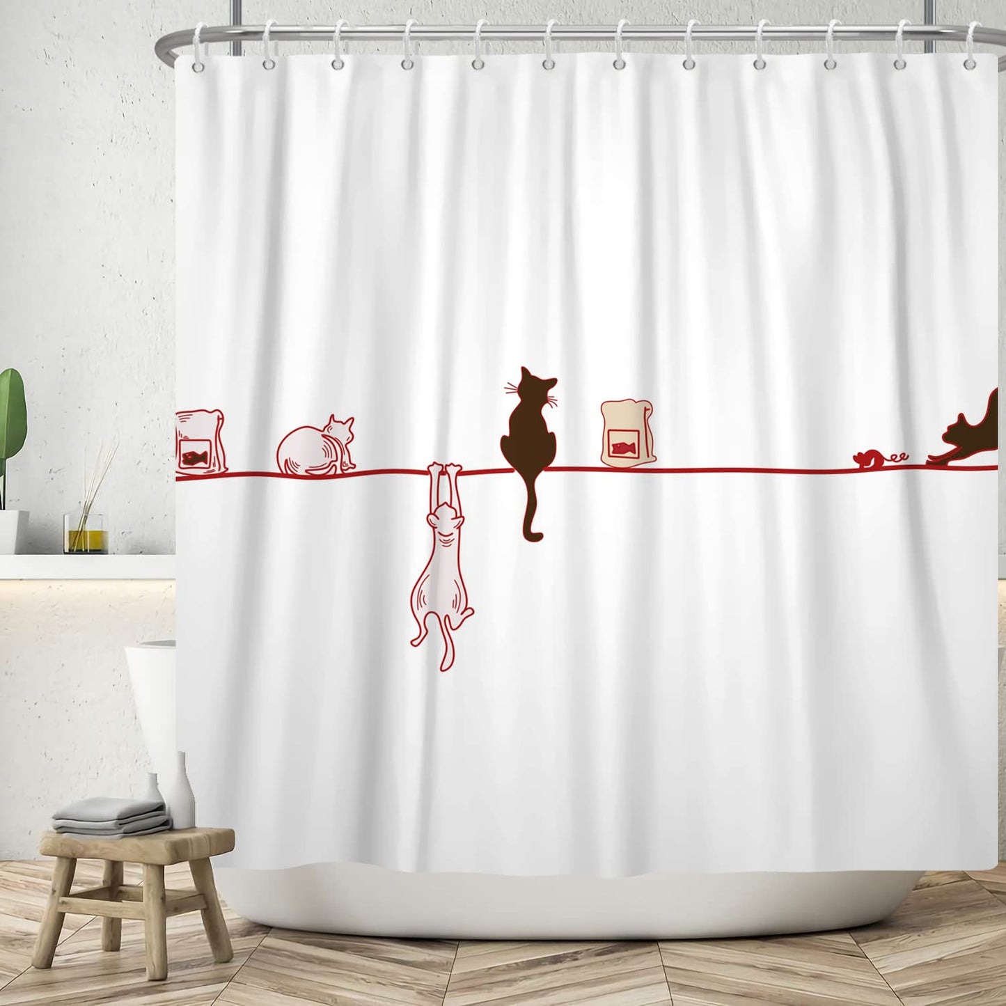 Ttincceer 71x71inch Funny Cat Shower Curtain Sketches Cat Climbing Squatting Wall Silhouette Bath Curtain Cute Animal Action Washable Shower Curtains