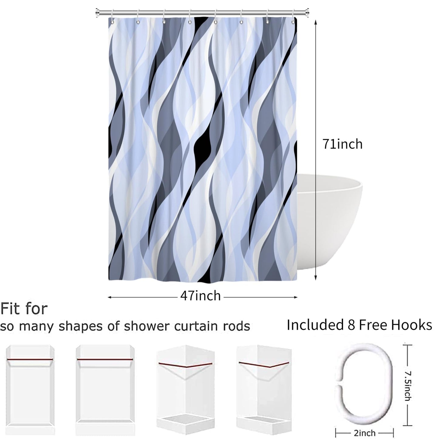 Hnmdmyi Light Blue Shower Curtain 120x180, Modern Abstract Blue and Grey Striped Bathroom Curtains with Hooks Waterproof Polyester Fabric Washable