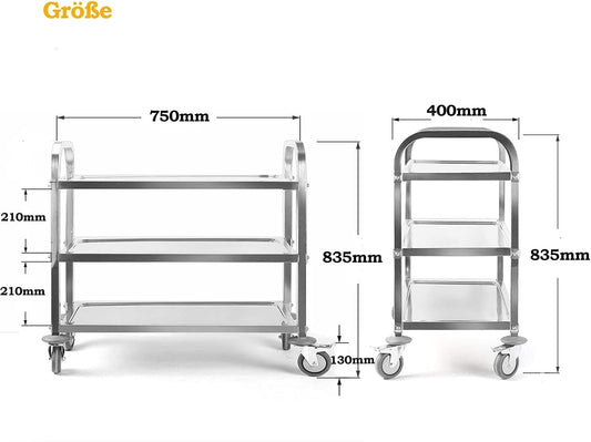 uyoyous 3 Tier Stainless Steel Trolley 750x400x835mm Serving Trolley Kitchen Catering Trolley Multi-Purpose Kitchen Serving Trolley with Brake for