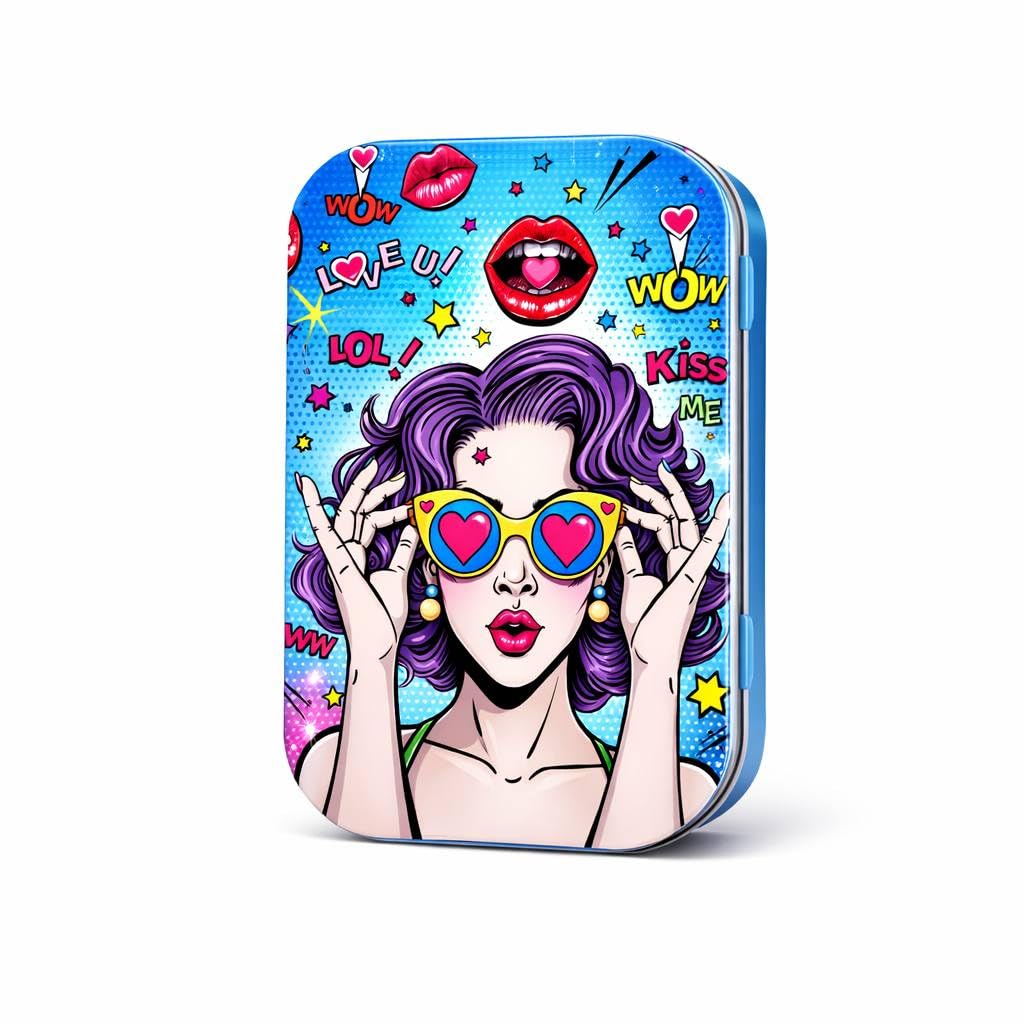 Zach's Capsules Cute & Aesthetic Metal Storage Tins – Kawaii, Pop Art, Butterfly, Gothic & Jellyfish Designs (Neon Pop Art Girl Tin)