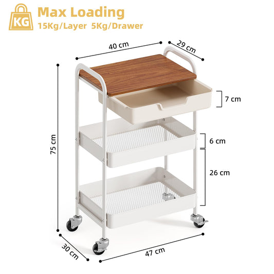 KINGRACK Rolling cart, 3-Tier Utility Storage Trolley with Wooden Board and Drawer, Metal Storage Cart with Handle, White Trolley Kitchen Organizer