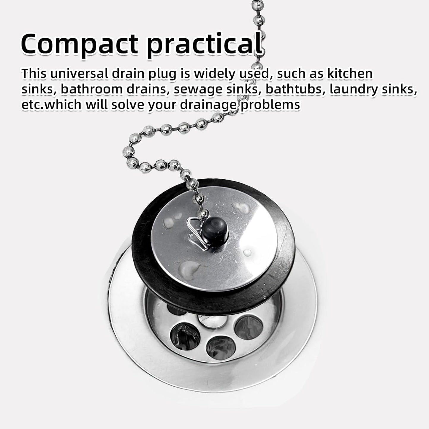 Universal Bath Plug with Stainless Steel Chain, Bathroom Sink Plug Replacement, Bath Plug and Chain, Bath Plug Replacement