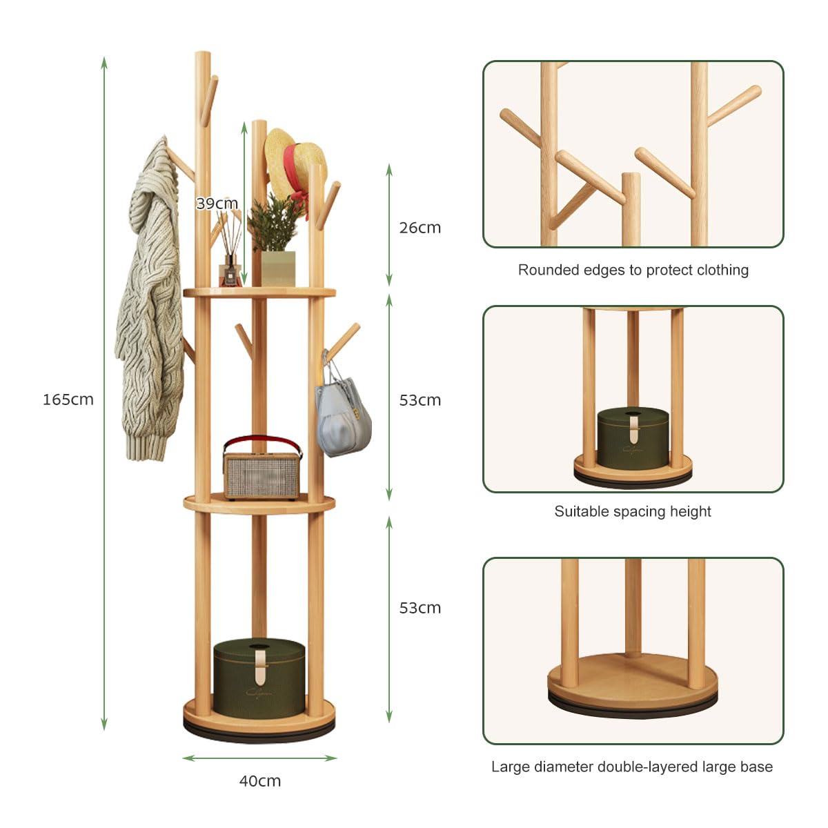 KZOBYD Rotate Coat Rack Stand, Revolving Hall Tree with Round Storage Shelf