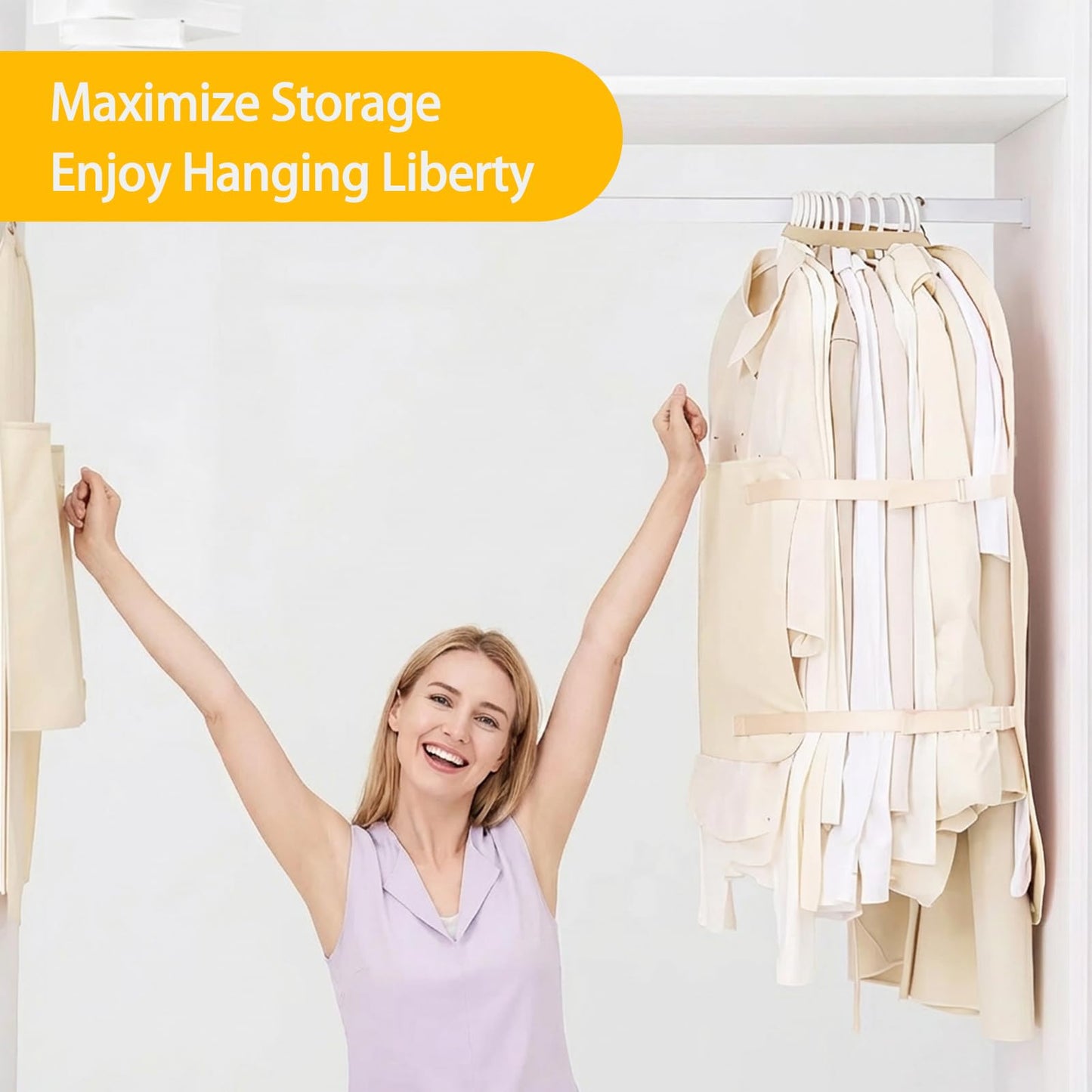 Space Saving Garment Covers with Straps Compression Beige 3 Packs Wardrobe Space Saver