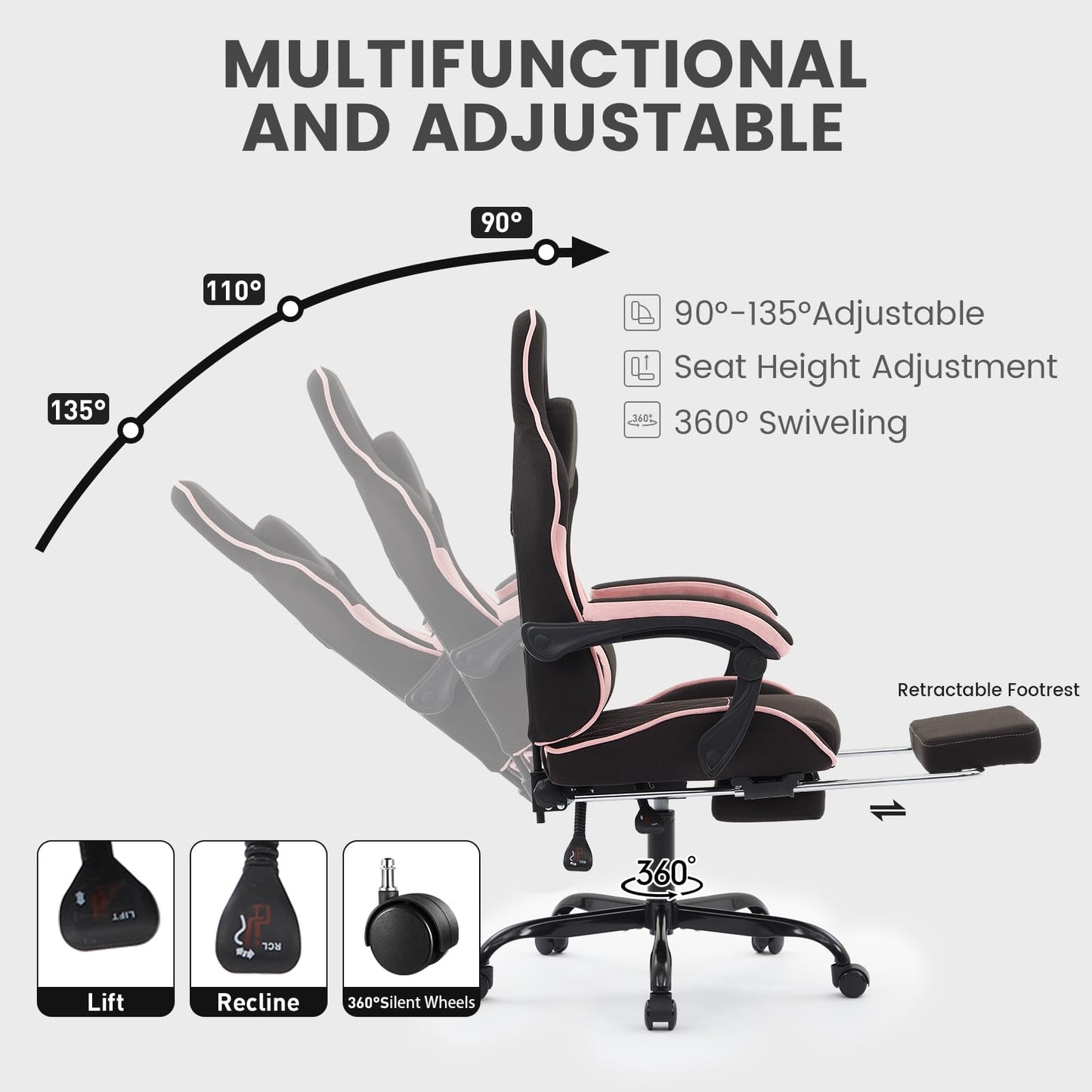 NIONIK Gaming Chair with Footrest and Massage Lumbar Cushion, Ergonomic Computer Chair with 135° Recline, Breathable Fabric, Headrest and 360° Swivel