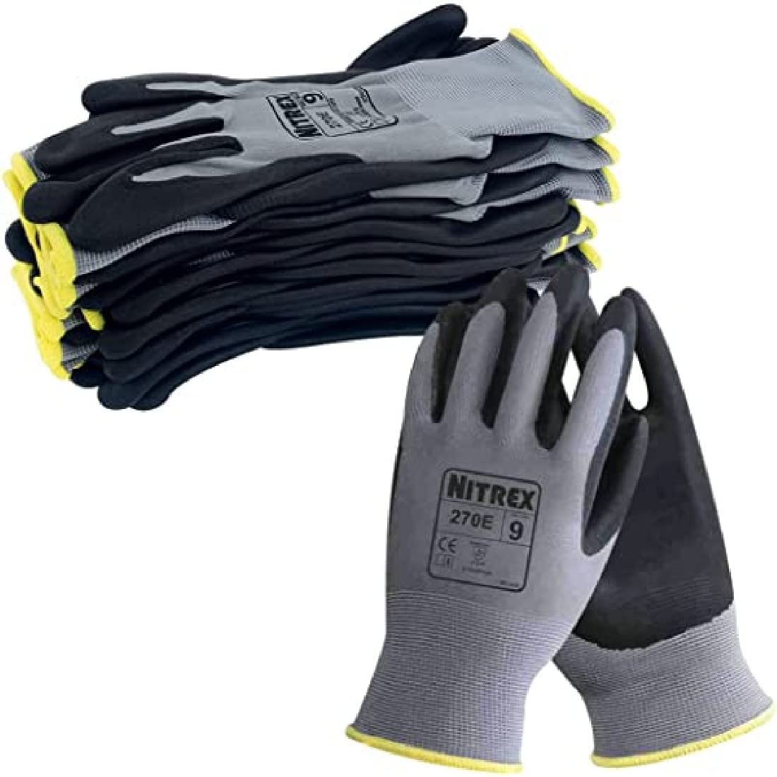 NITREX 270E Work Gloves ? Pack of 10 | Safety Gloves with Enhanced Grip | Protective Workwear for Various Workplace Hazards | Size 9
