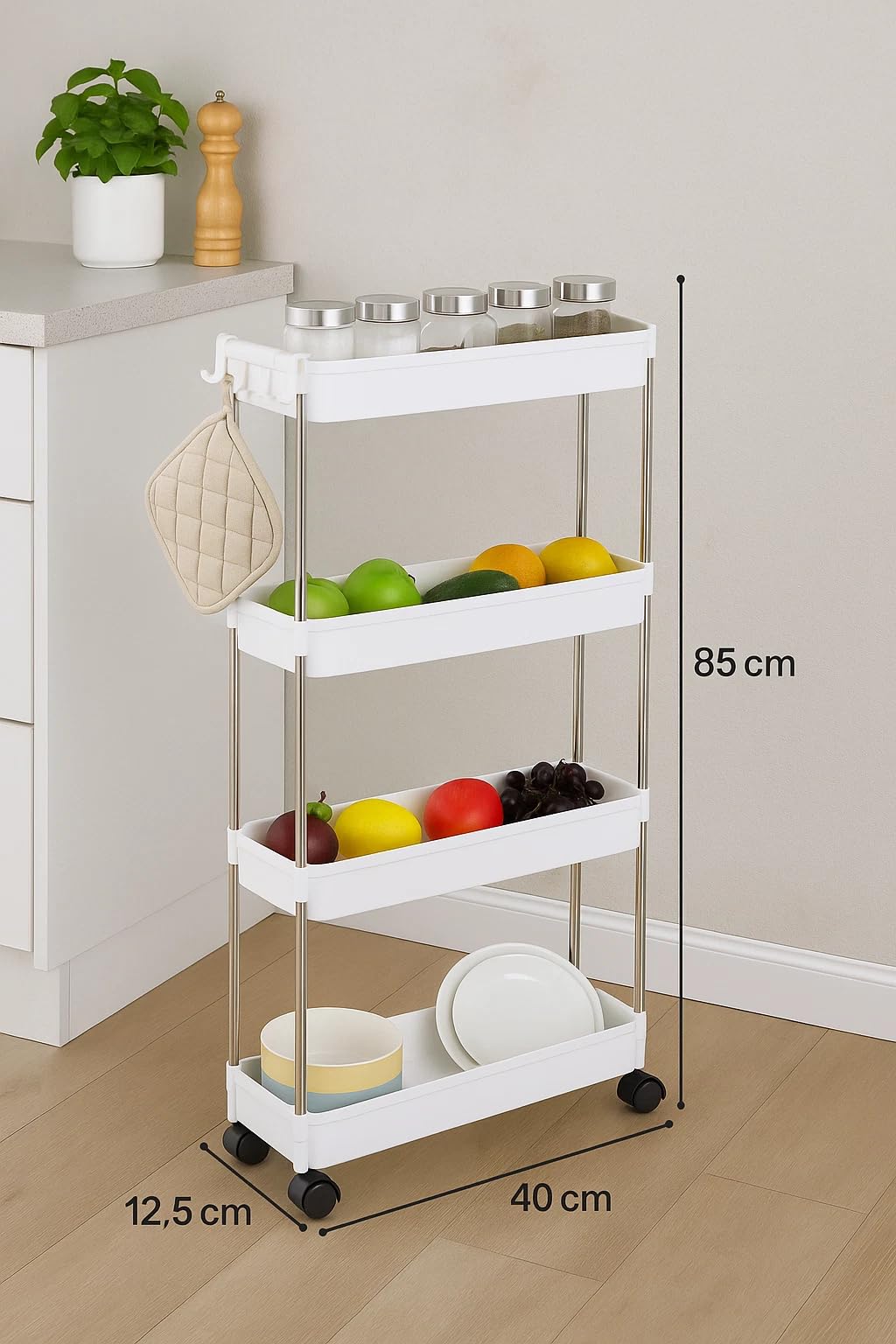 CELINO making your day 4-Tier Storage Trolley Cart Slide-out Slim Rolling Utility Cart Mobile Storage Shelving Organizer for Kitchen, Bathroom