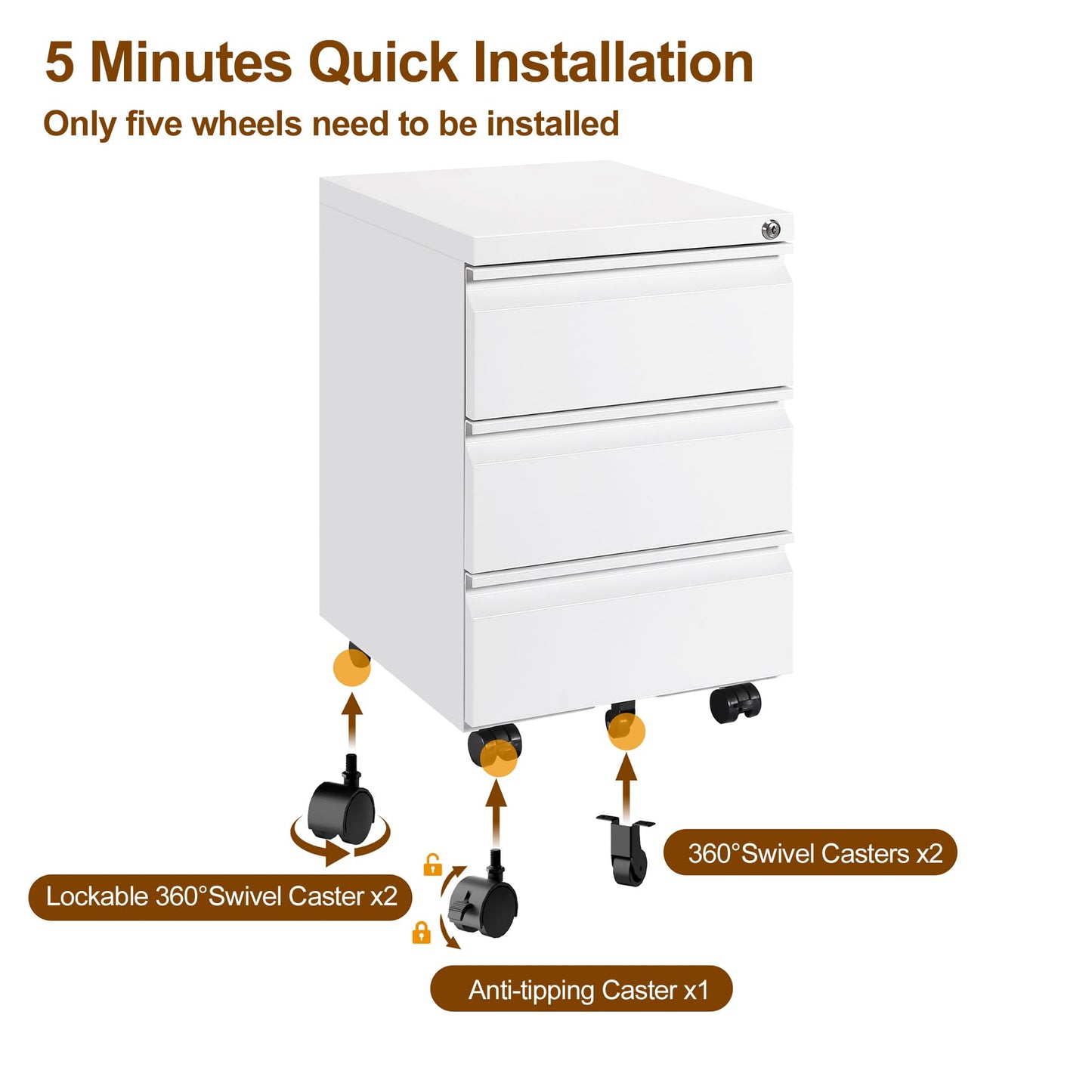 HOMSTEEL 3 Drawers File Cabinet, Metal Filing Cabinet with Lock, Mobile File Cabinet, Fully Assembled Except Casters, for Office, Home Office, White