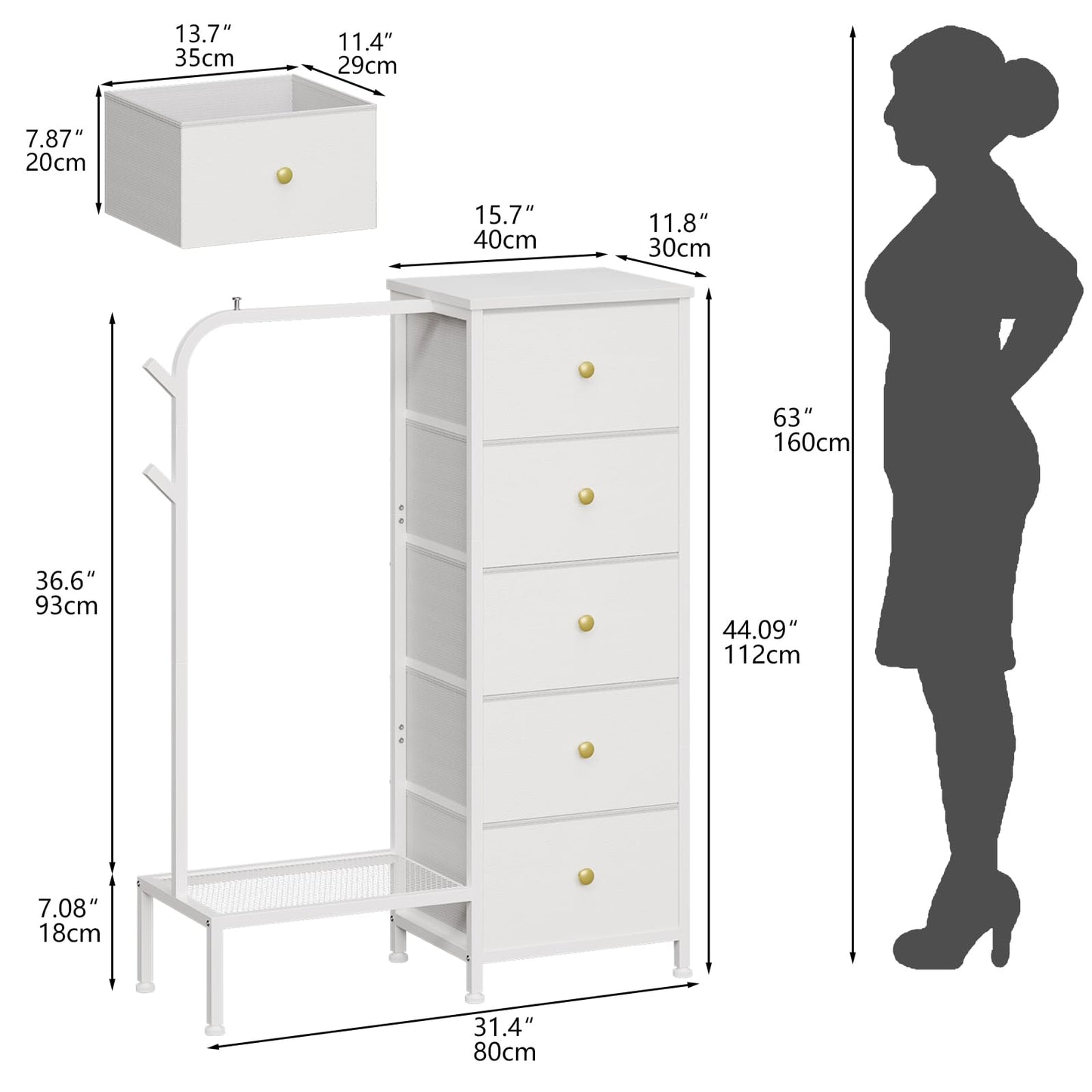 Trironsun Small 5 Fabric Drawer Dresser with Clothes Rack Chest of Drawers with Hanging Rail Reversible Wardrobe with Clothes Rack
