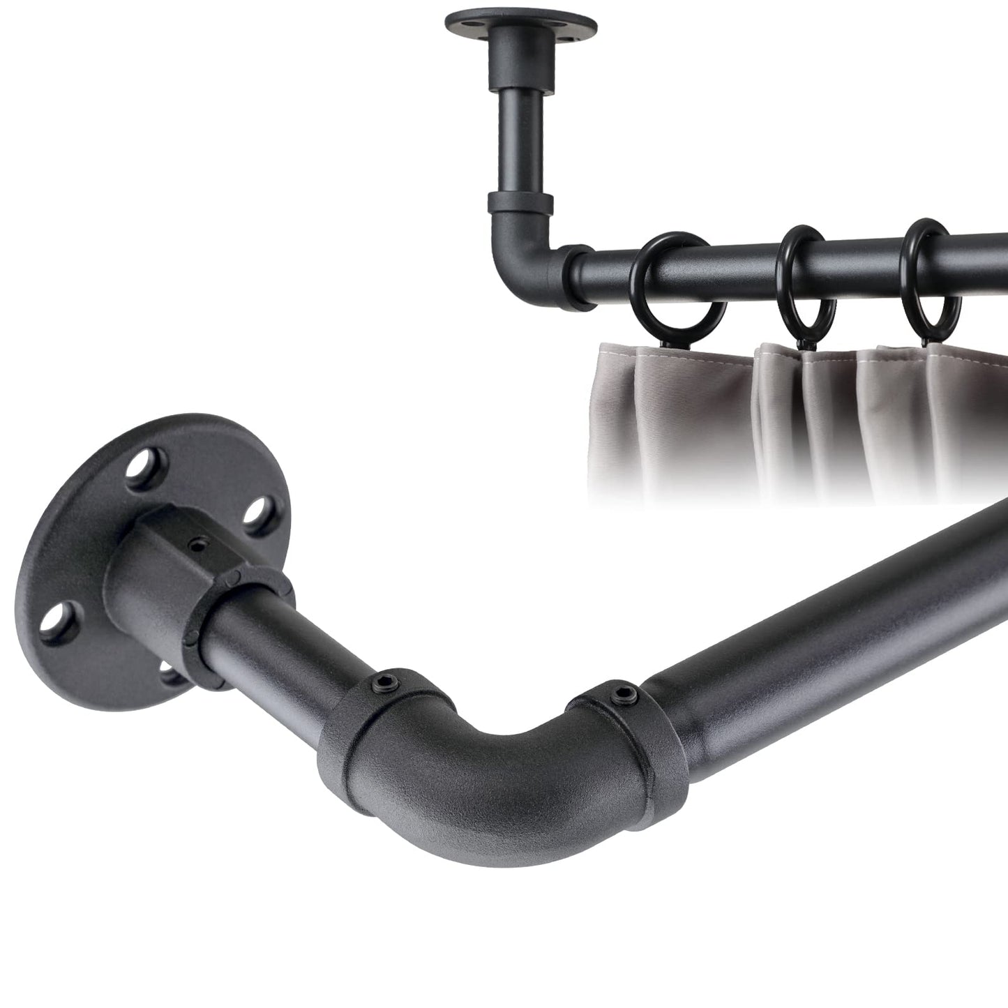 Harrms Industrial Curtain Poles Extendable, Matte Black Curtain Pole 81-145cm, Heavy Duty Room Darkening Window Curtain Rod Ceiling Wall Mount for