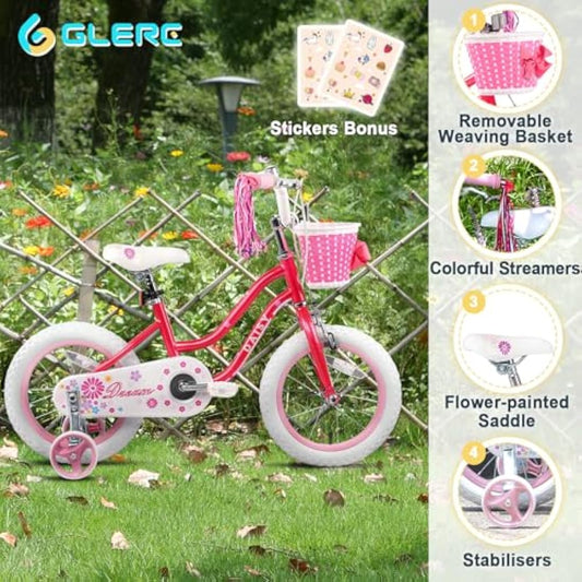 Glerc Daisy 12 Inch Girls Bike for 2-7 Years Kids with Stabilisers Basket Streamers and Bell,Multiple Colors