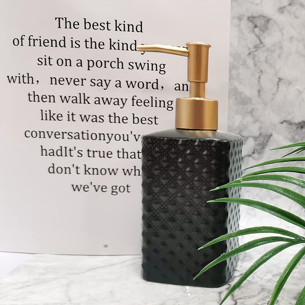 Gold Soap Dispenser, Ceramic Lotion Pump Bottle with Vintage Emboss(Black)
