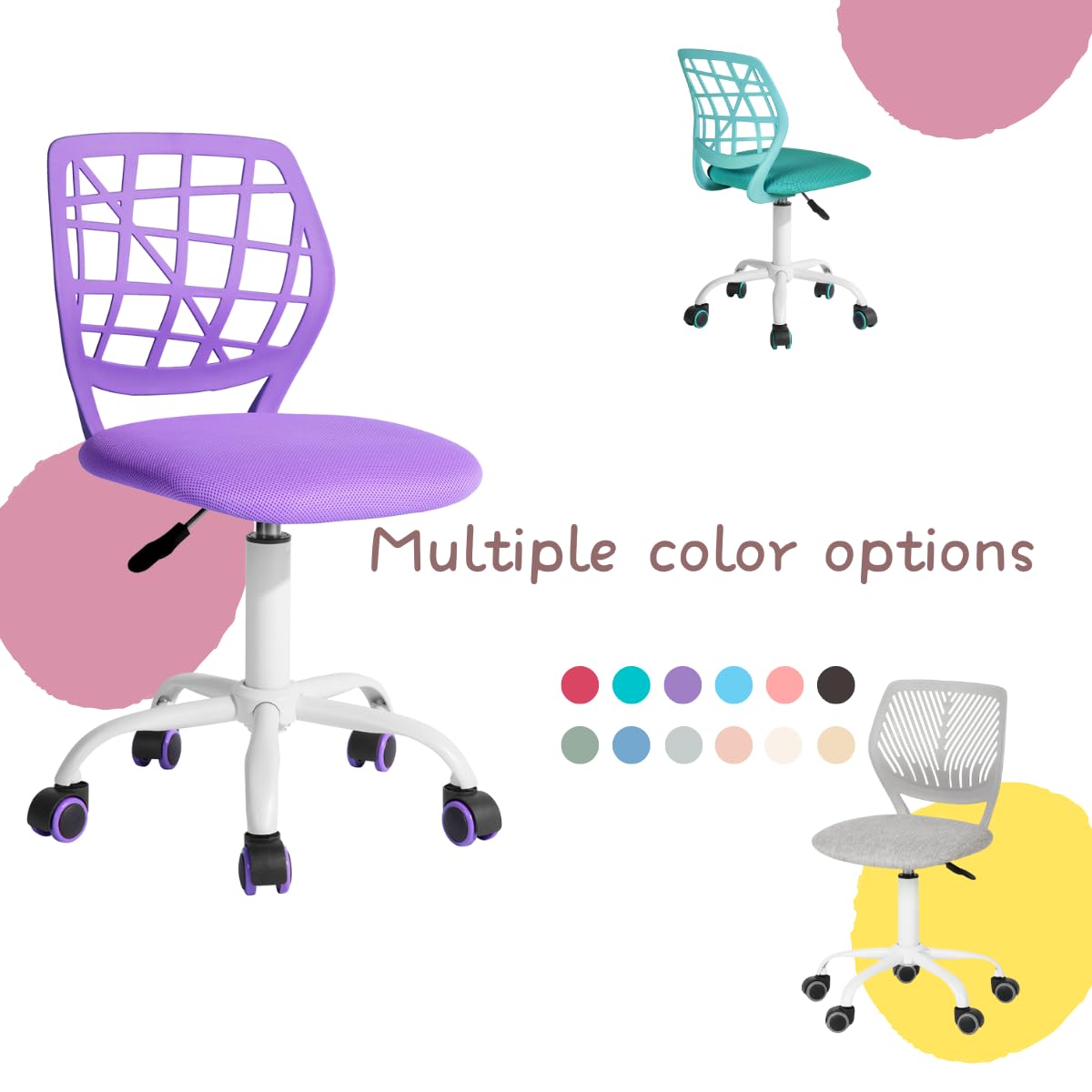 FurnitureR Gaming Children, Office, Gamer, Desk Chair, Ergonomic Modern Design, Armless, Seat Height Adjustment, Rubber Wheels, Peach Pink