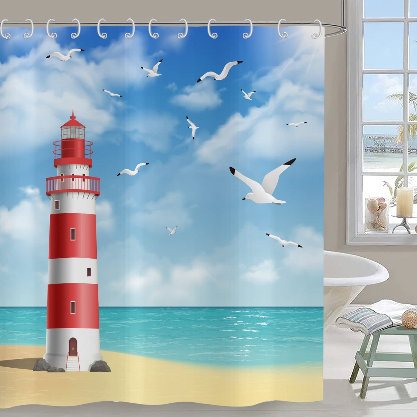 Hnmdmyi Lighthouse Shower Curtain 180x180, Ocean Beach Seagull Blue Sky White Clouds Scenery Bathroom Curtains with Hooks Waterproof Polyester Fabric