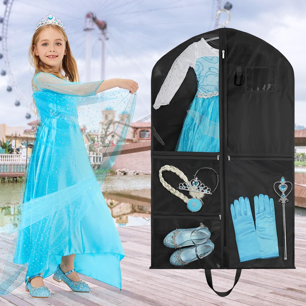OSDUE Clothes Covers, 40 inch WaterproofHanging Garment Bags with 5 Zipper Pocket and ID Slot Pockets Foldable Kids Dance Costume Garment Bag Travel