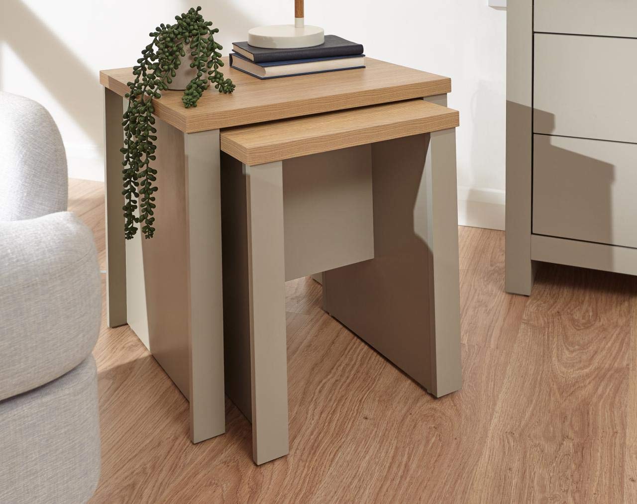GFW Lancaster Nest of Tables, Grey and Oak Effect Occasional Tables, Space Saving Side Tables, Country Cottage Living Room Furniture Set of 2