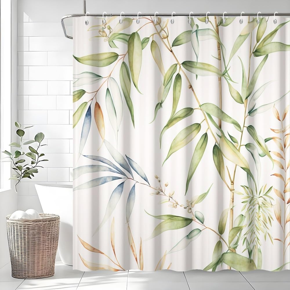 Uiiooazy Bamboo Shower Curtain, Zen Green Leaves Spa Plant Bath Curtain Mildew and Mould Proof Waterproof Polyester Fabric Washable Opaque Shower