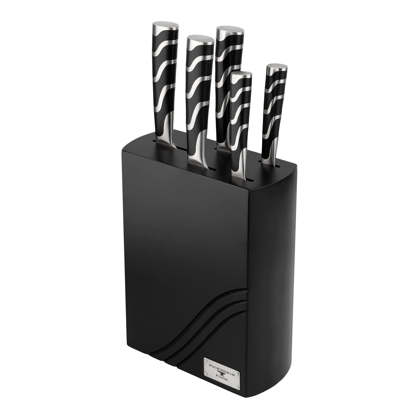 Rockingham Forge 128 Series 6-Piece Kitchen Knife Block Set, Includes 5 Knife Set with Knife Holder Block Stainless Steel Blades, Black Handles,