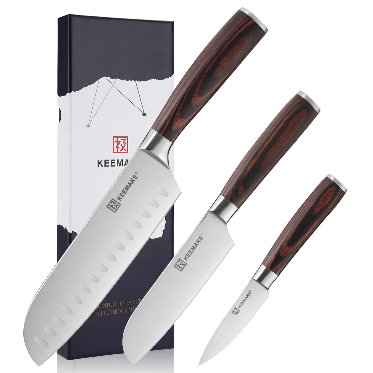 KEEMMAKE Japanese Santoku Knife Set 3pcs, German High Carbon Stainless Steel 1.4116, Pakkawood Handle Kitchen Knife Set