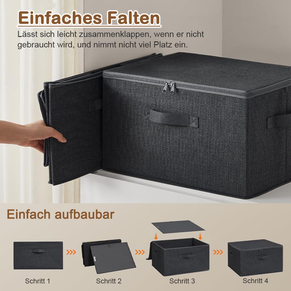 Exquilnova 2PCS Storage Boxes with Lids,Grey Wardrobe Storage Organiser,Foldable Fabric Boxes with Reinforced Handle,Clothes Box with Zips for