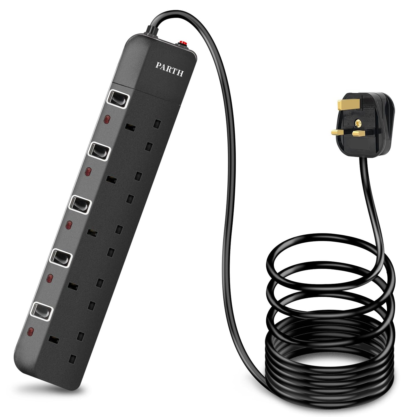 PARTH 10m Surge Protected Extension Lead 5 Way, Extension Cable 5 Gang UK Plug Extension Socket, Black Extension Lead with Switches, 10 Metre Extra