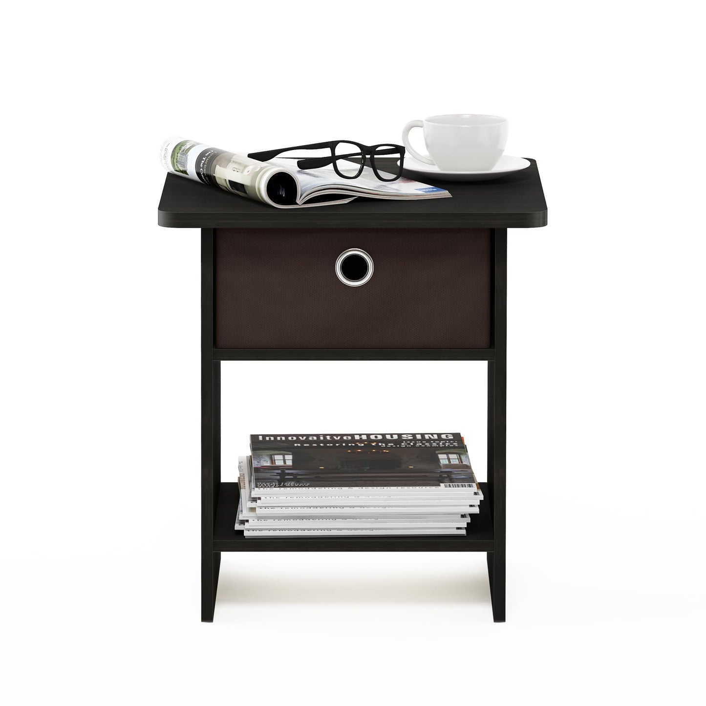 Furinno DARIO Side Table, Square End Table with Storage Bin, Round Corner Night Stand, Bedside Table with Open Back Shelf, for Living Room, Bedroom