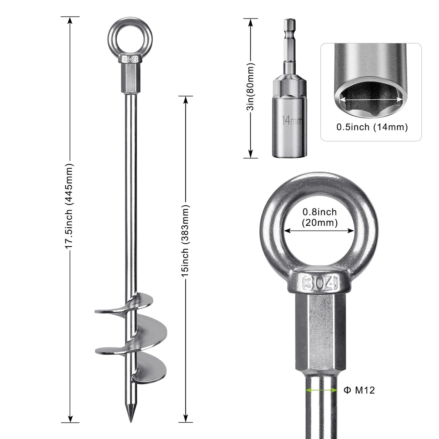 Insaga Tent Peg, 45cm Heavy Duty Ground Anchor Large Metal Earth Stake Spiral Blade Screw in Trampolines Spike for Swing Set/Camping/Shed/Dog/Carport